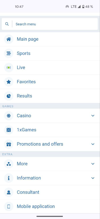 List of item in mobile app 1xbet for android