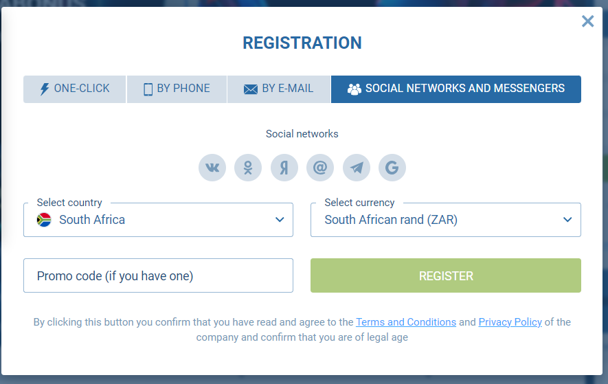 Choose social lite for register in xbet